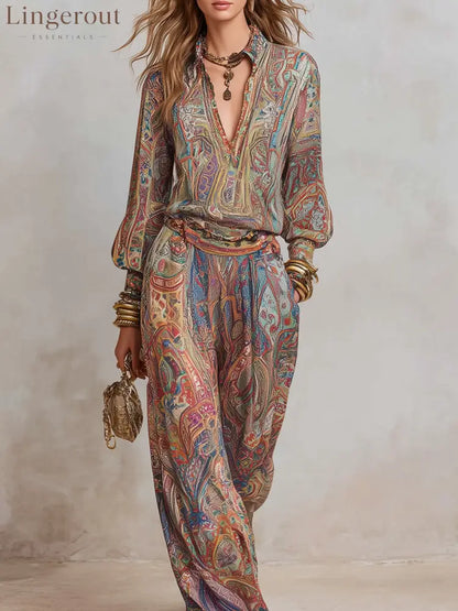 Exquisite paisley print wide leg pantsuit