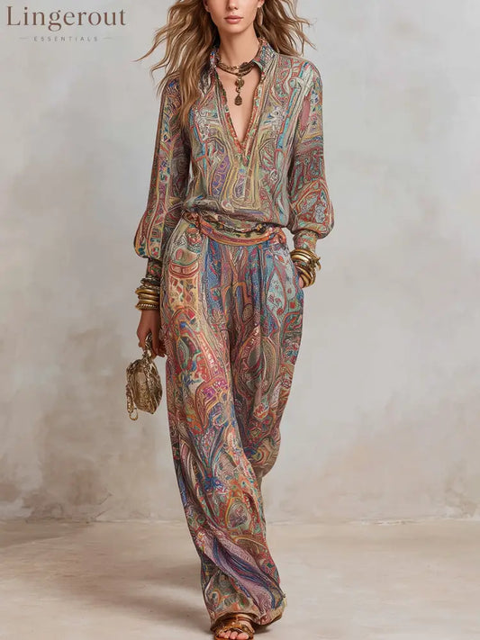 Exquisite paisley print wide leg pantsuit - brown / XS