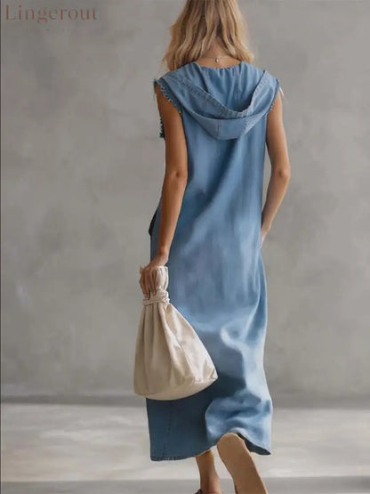 Exquisite Vintage Casual Hooded V-neck Zipper Side Slits Buttons Blue Denim Midi Dress