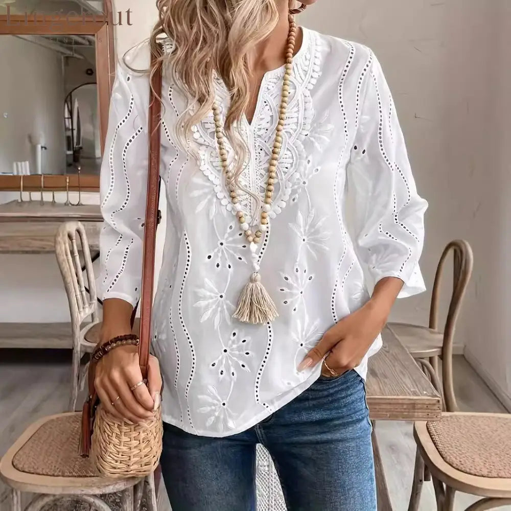 Eyelet Embroidered Notched Blouse