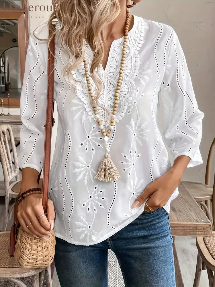 Eyelet Embroidered Notched Blouse - White / S