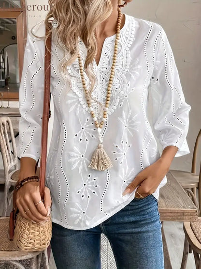 Eyelet Embroidered Notched Blouse - White / S