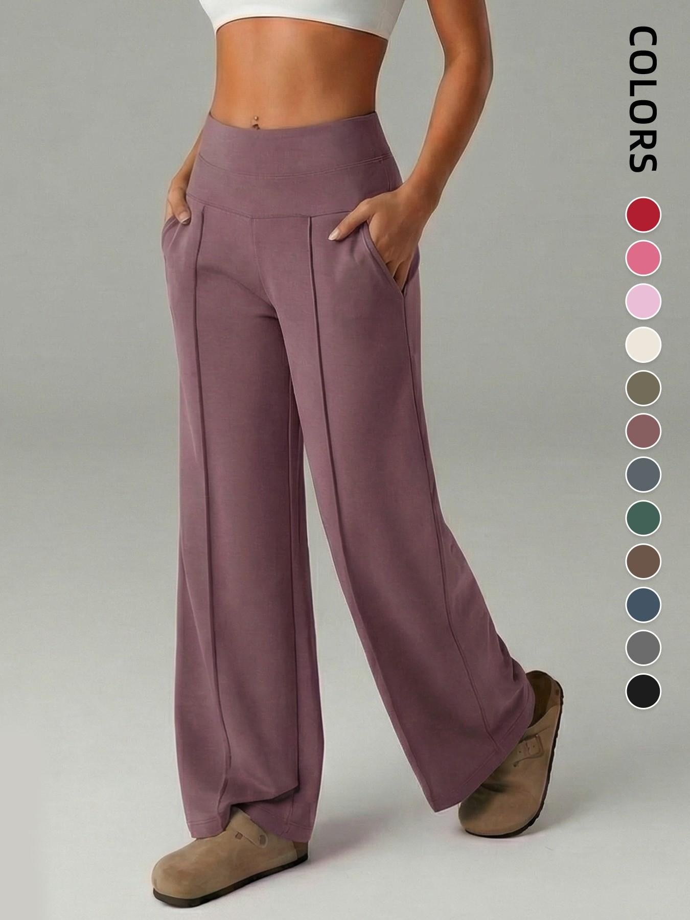 Women's Plain Loose Straight Leg Pants, Wide Leg High Waist Sporty Casual Sweatpants with Pockets