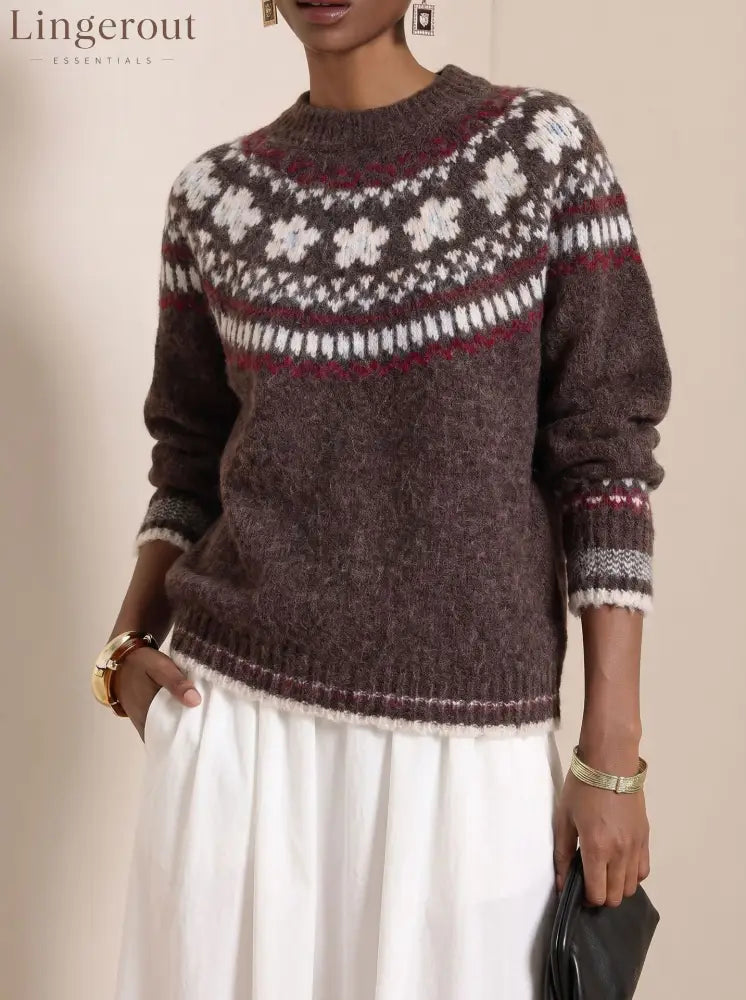 Fair Isle Retro Jacquard Knit Sweater - Brown / S
