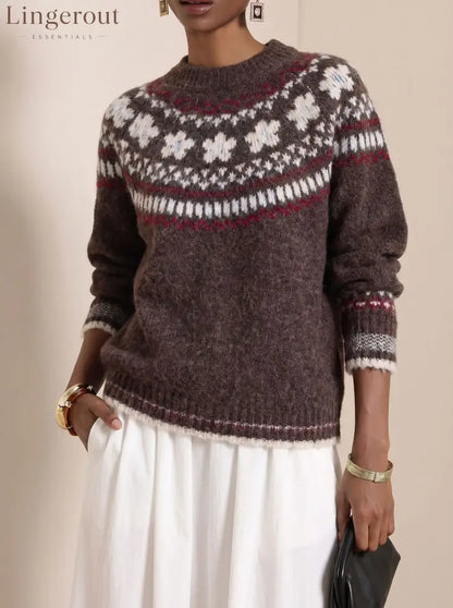 Fair Isle Retro Jacquard Knit Sweater - Brown / S