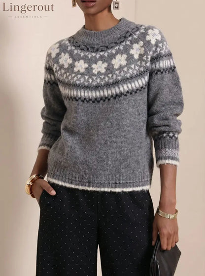 Fair Isle Retro Jacquard Knit Sweater - Grey / S