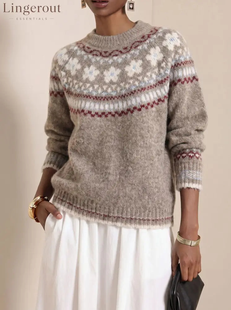 Fair Isle Retro Jacquard Knit Sweater - Khaki / S