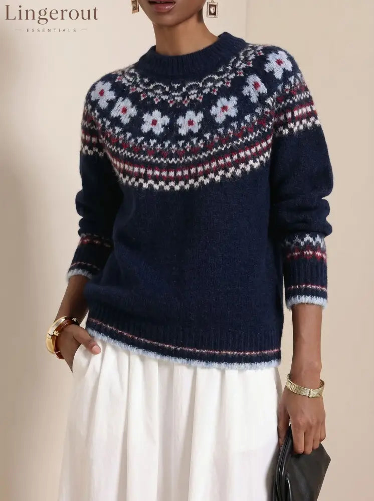 Fair Isle Retro Jacquard Knit Sweater - Navy blue / S