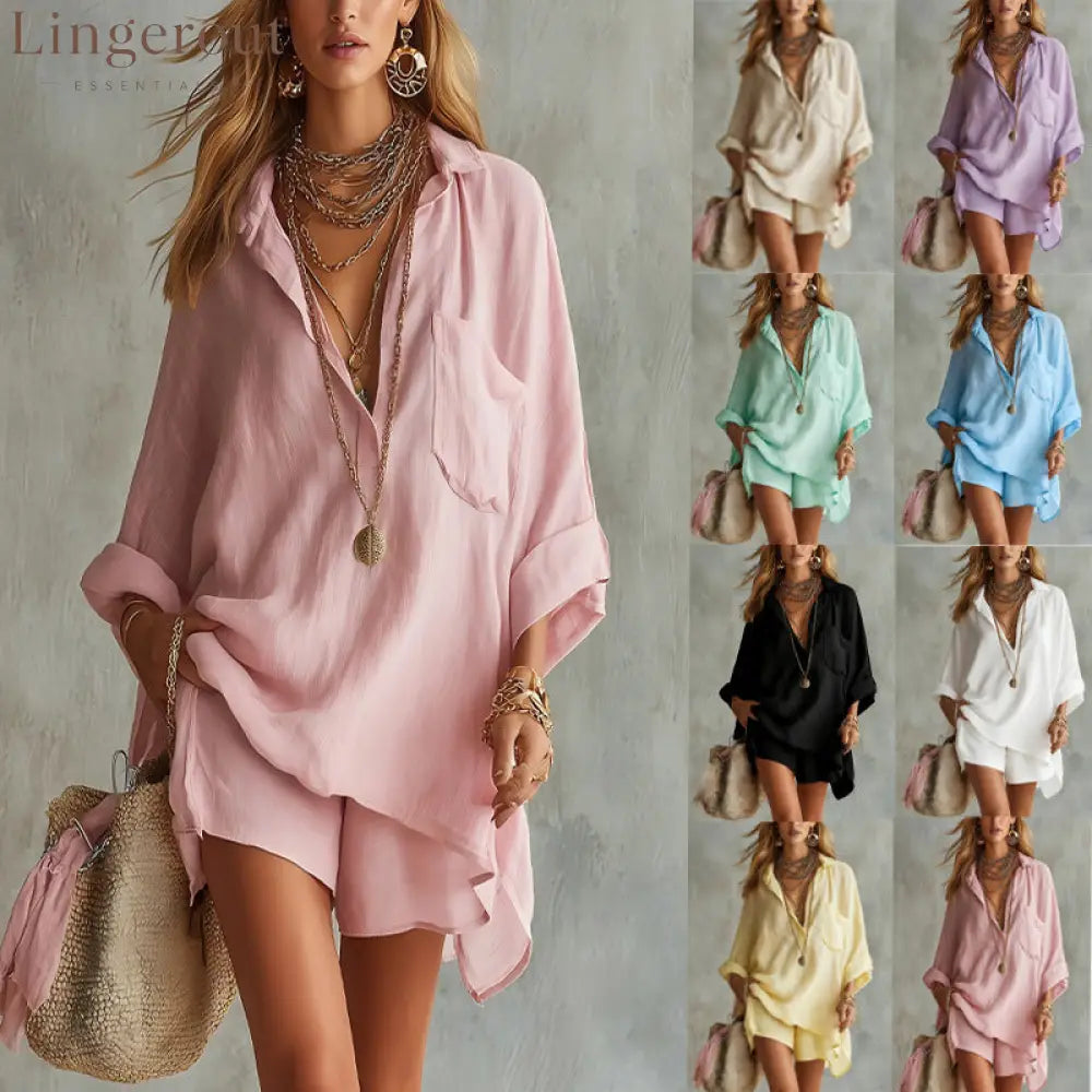 Fashion Cotton Linen Pocket Beach Shorts Shirt Suit