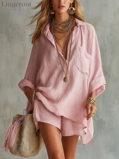 Fashion Cotton Linen Pocket Beach Shorts Shirt Suit - Pink / S