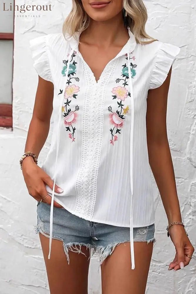 Fashion Embroidery Ruffle Sleeve Casual Tops