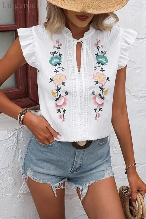 Fashion Embroidery Ruffle Sleeve Casual Tops - White / S