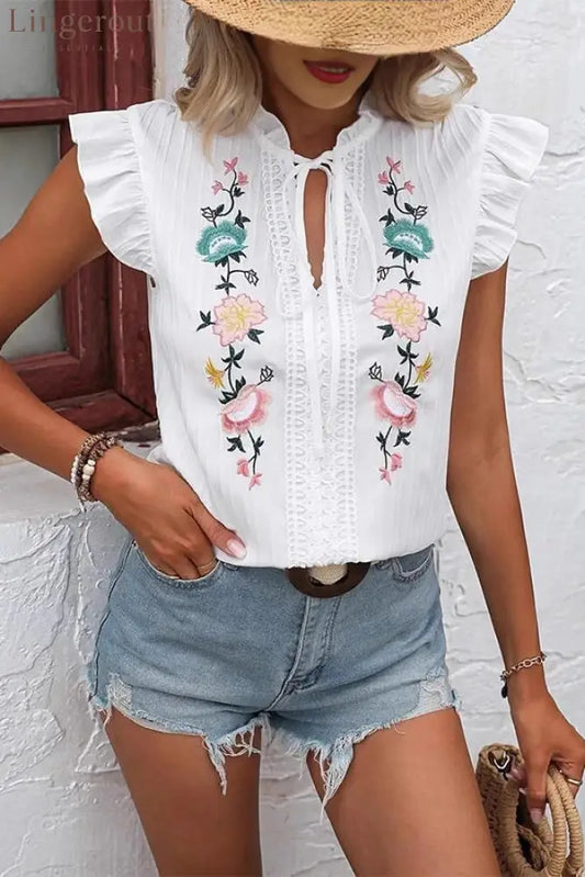 Fashion Embroidery Ruffle Sleeve Casual Tops - White / S