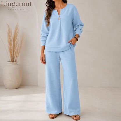 Fashion Loose Long-Sleeved Tops Wide-Leg Pants Casual Two-Piece Set For Women