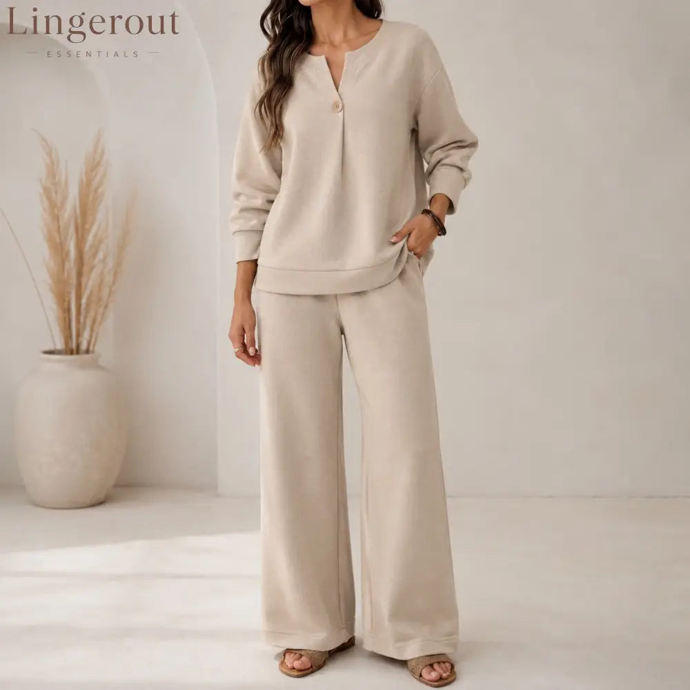 Fashion Loose Long-Sleeved Tops Wide-Leg Pants Casual Two-Piece Set For Women