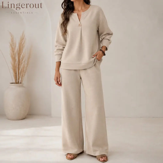 Fashion Loose Long-Sleeved Tops Wide-Leg Pants Casual Two-Piece Set For Women