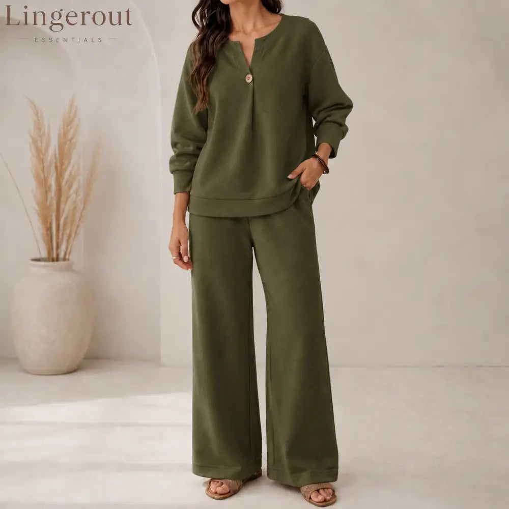 Fashion Loose Long-Sleeved Tops Wide-Leg Pants Casual Two-Piece Set For Women - Army green / S
