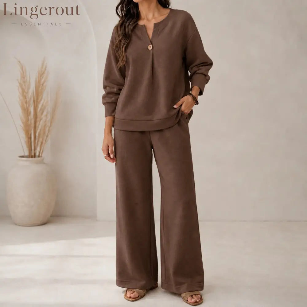 Fashion Loose Long-Sleeved Tops Wide-Leg Pants Casual Two-Piece Set For Women - Dark brown / S