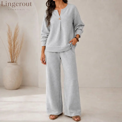 Fashion Loose Long-Sleeved Tops Wide-Leg Pants Casual Two-Piece Set For Women - Grey / S