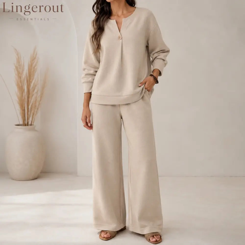 Fashion Loose Long-Sleeved Tops Wide-Leg Pants Casual Two-Piece Set For Women - Khaki / S