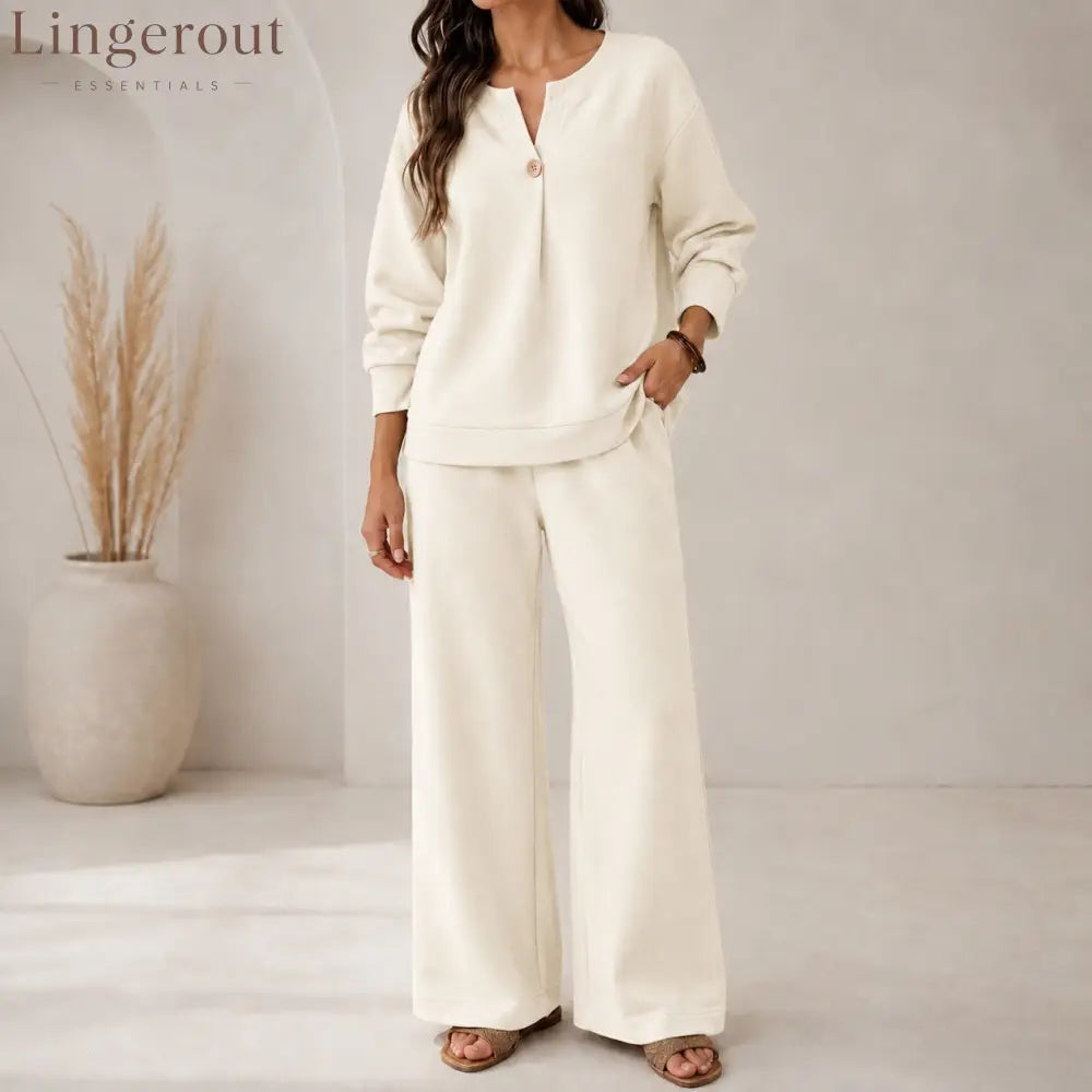 Fashion Loose Long-Sleeved Tops Wide-Leg Pants Casual Two-Piece Set For Women - Milky / S
