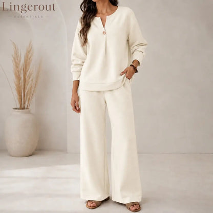 Fashion Loose Long-Sleeved Tops Wide-Leg Pants Casual Two-Piece Set For Women - Milky / S