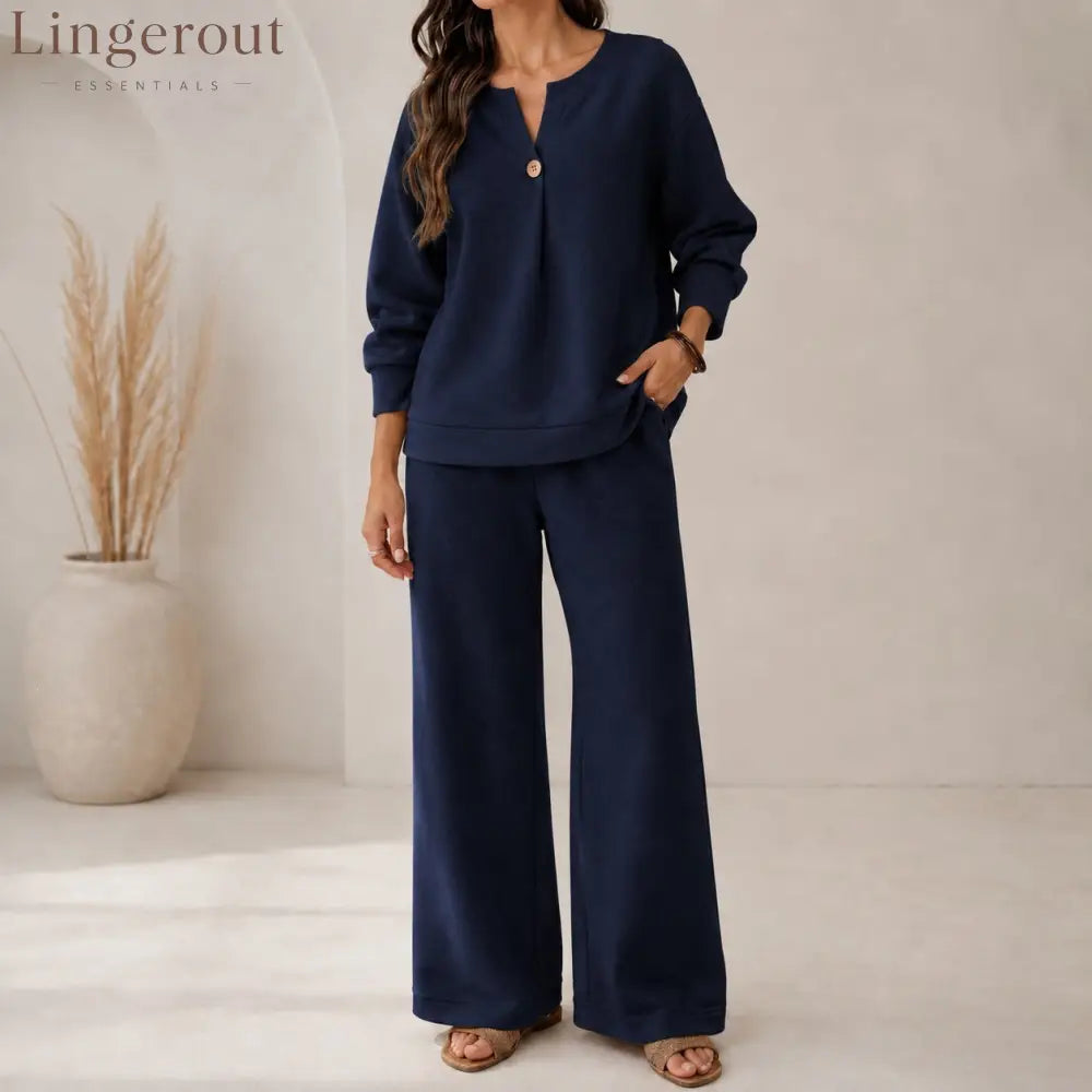 Fashion Loose Long-Sleeved Tops Wide-Leg Pants Casual Two-Piece Set For Women - Navy blue / S