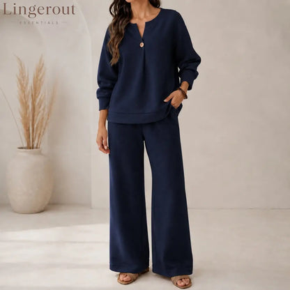 Fashion Loose Long-Sleeved Tops Wide-Leg Pants Casual Two-Piece Set For Women - Navy blue / S