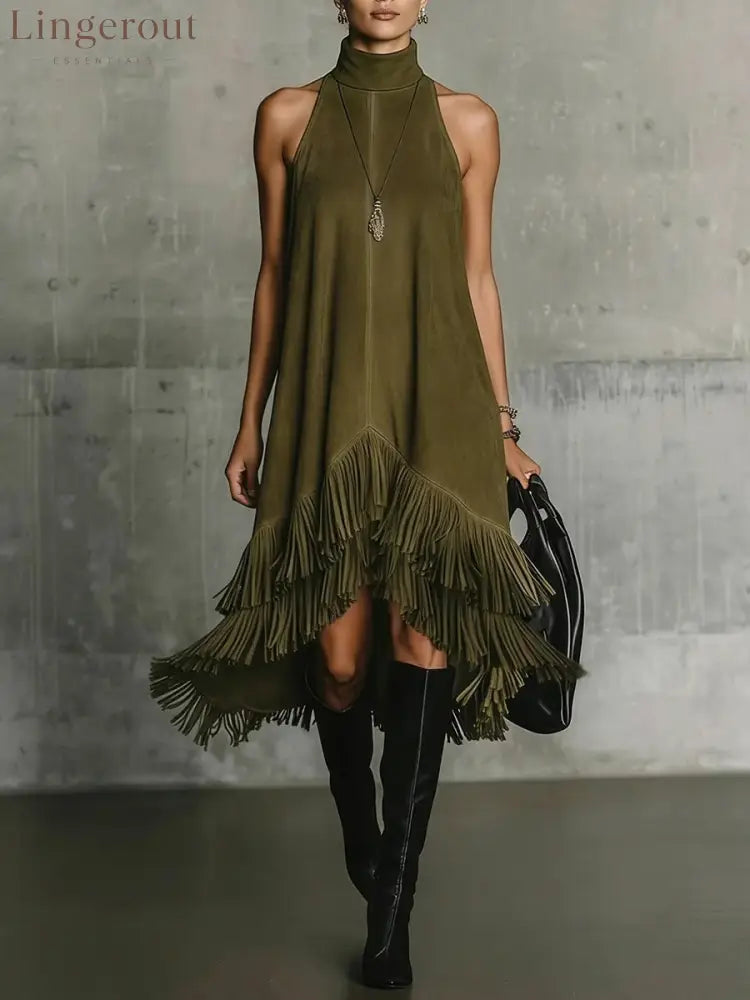 Fashion Tassel Vest Women’S Slim Sleeveless Vest Dress - Army green / S
