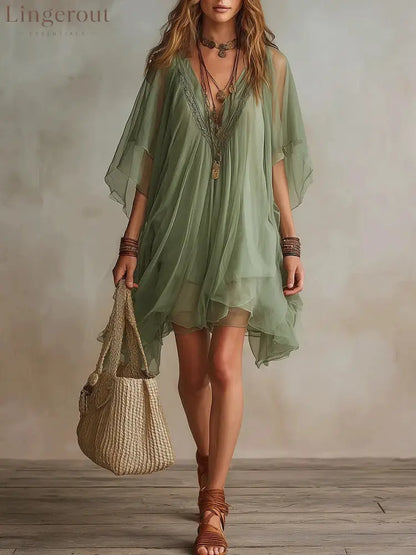 Fashion V-Neck Chiffon 2-Piece Dress Seaside Vacation Loose Blouse Beach Skirt - Green / XS