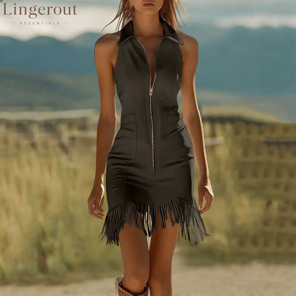Fashion Vintage White Stretch Denim Sleeveless Tassel Mini Dress - Dark brown / S