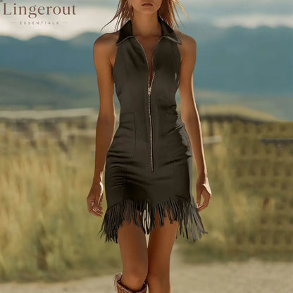 Fashion Vintage White Stretch Denim Sleeveless Tassel Mini Dress - Dark brown / S