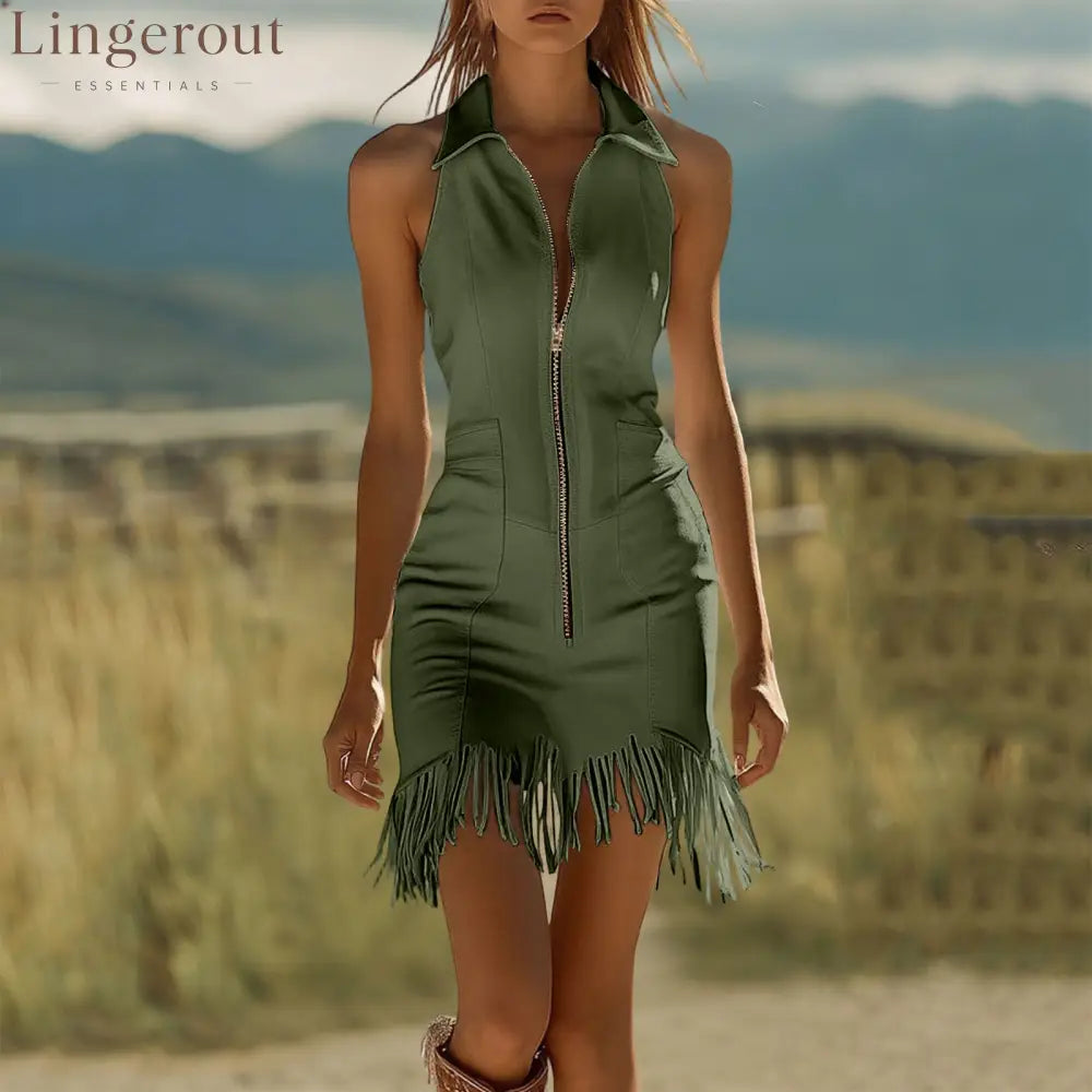 Fashion Vintage White Stretch Denim Sleeveless Tassel Mini Dress - Green / S