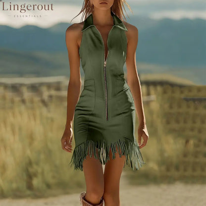 Fashion Vintage White Stretch Denim Sleeveless Tassel Mini Dress - Green / S