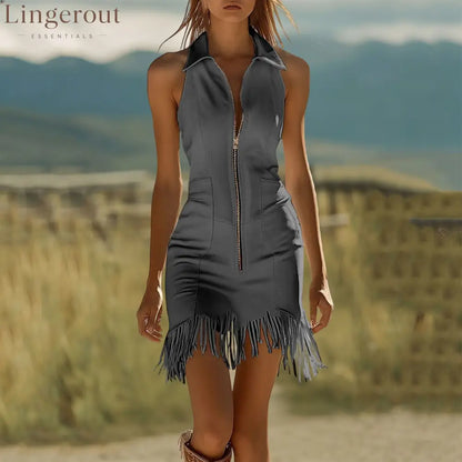 Fashion Vintage White Stretch Denim Sleeveless Tassel Mini Dress - Grey / S