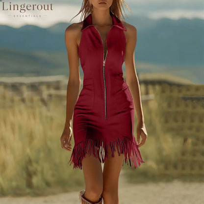 Fashion Vintage White Stretch Denim Sleeveless Tassel Mini Dress - Rose red / S