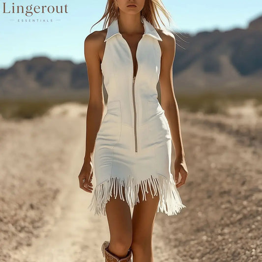 Fashion Vintage White Stretch Denim Sleeveless Tassel Mini Dress - White / S