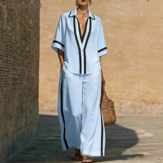 Fashionable Color-Block Two-Piece Set: Casual Short-Sleeve Shirt and Wide-Leg Pants