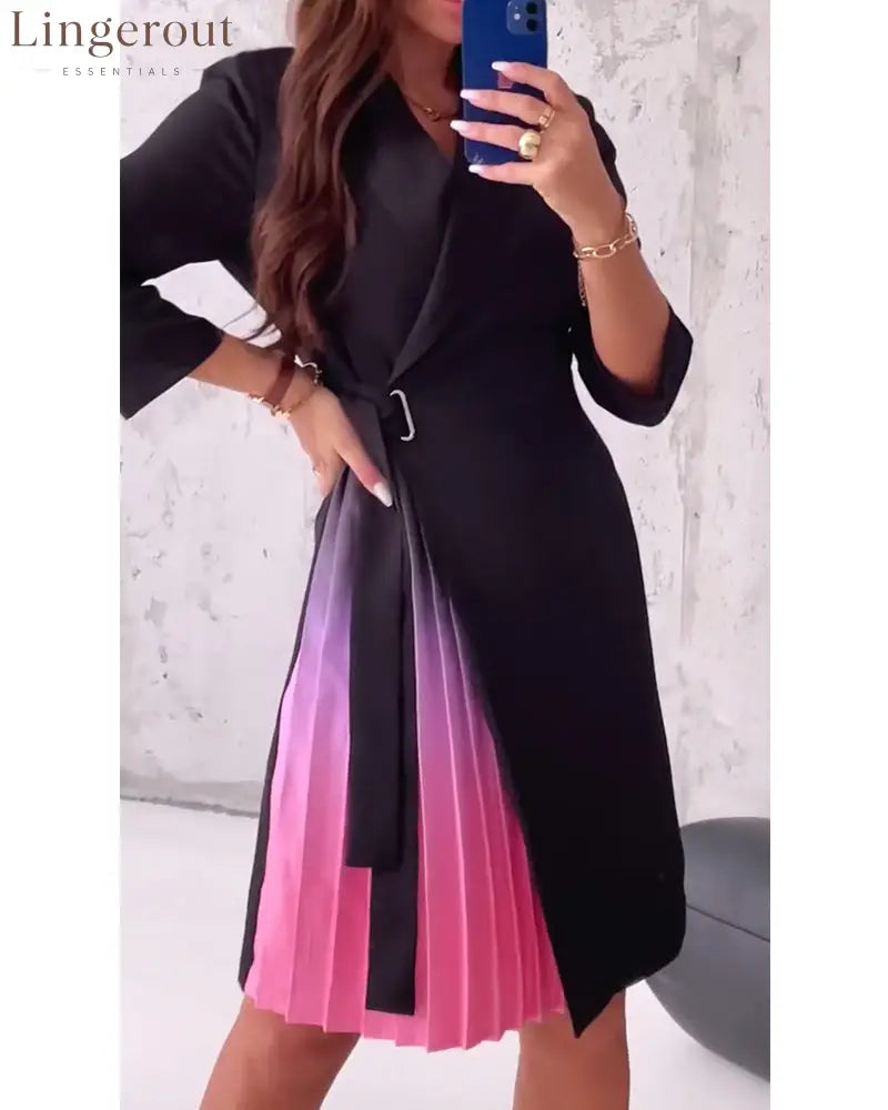 Fashionable lapel lace-up pleated dress