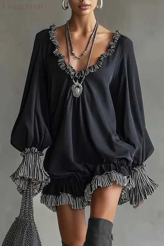 Fashionable Patchwork Ruffled Loose Long-sleeved Casual Mini Dress - Black / S