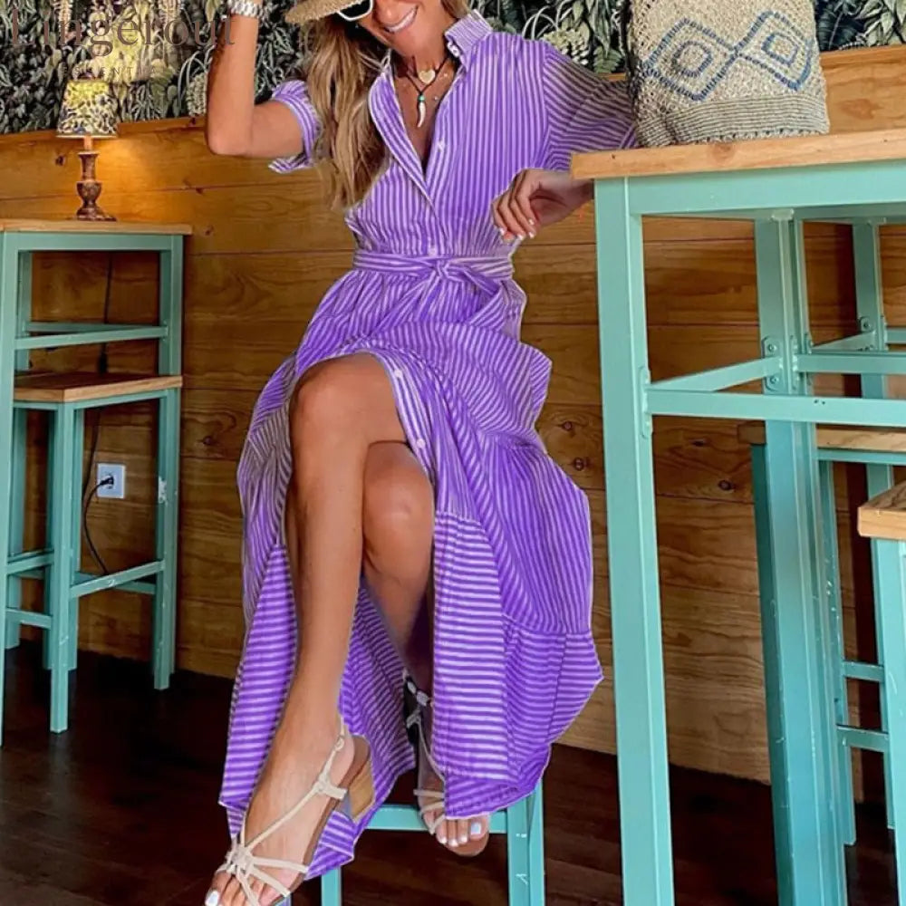 Fashionable Striped Print Short-Sleeved Loose Maxi Dress