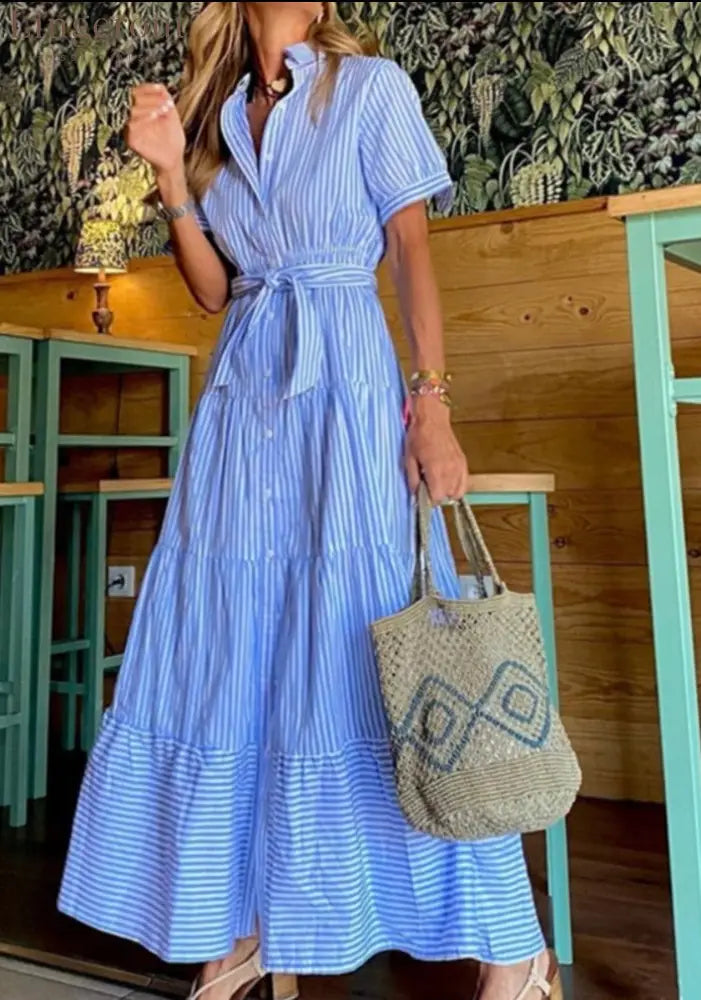 Fashionable Striped Print Short-Sleeved Loose Maxi Dress - Blue / S