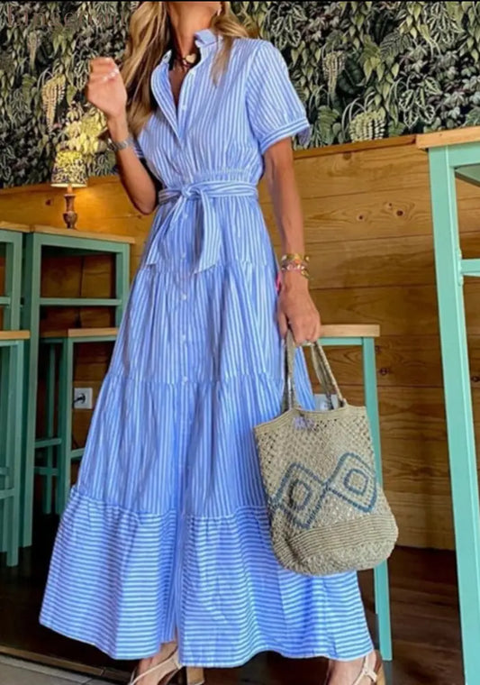 Fashionable Striped Print Short-Sleeved Loose Maxi Dress - Blue / S