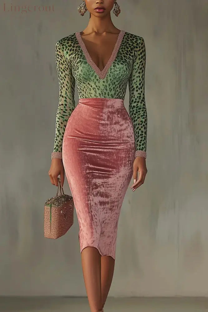 Fashionable Velvet Patchwork Stretch Slim Midi Dress - Multicolor / S