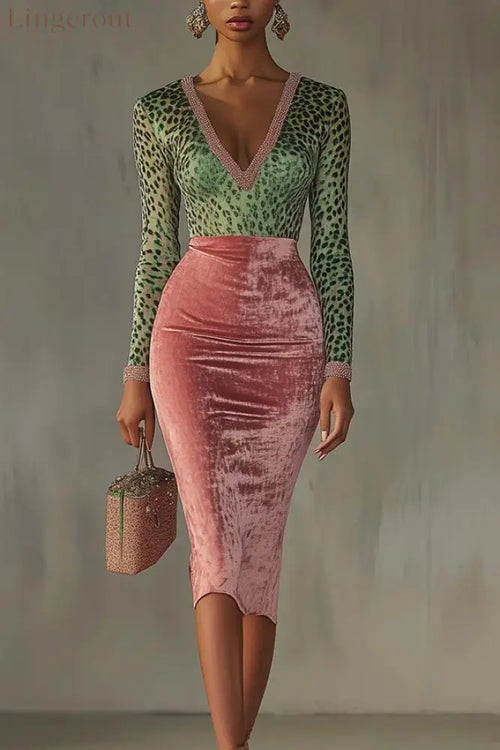 Fashionable Velvet Patchwork Stretch Slim Midi Dress - Multicolor / S