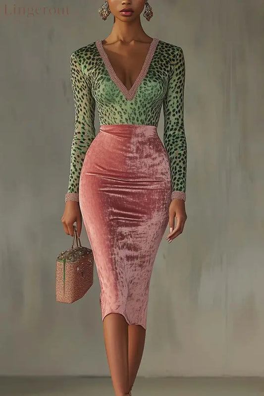 Fashionable Velvet Patchwork Stretch Slim Midi Dress - Multicolor / S