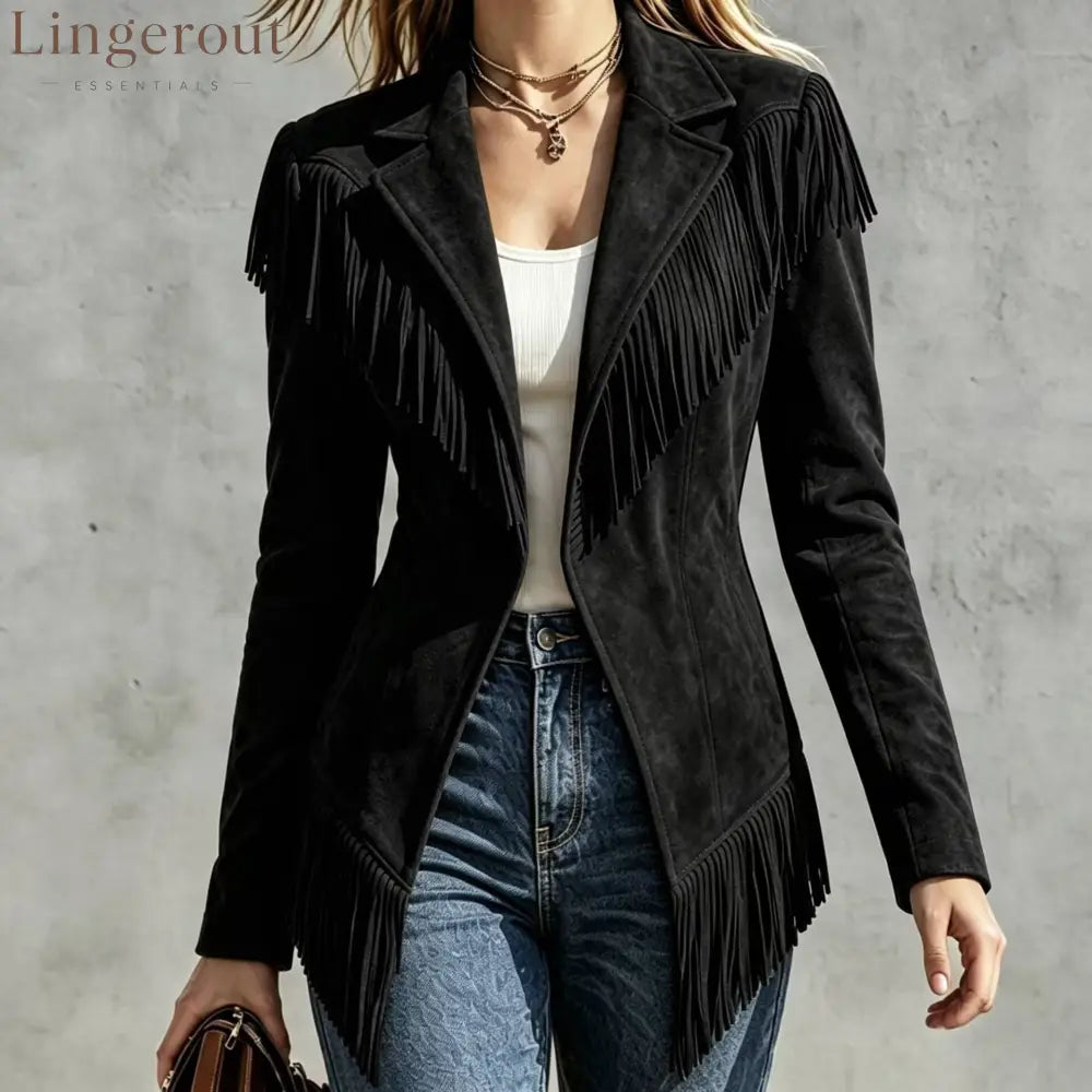 Faux Suede Fringe Jacket - Black / S
