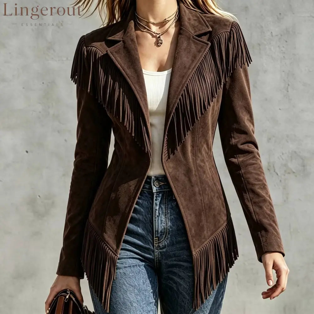 Faux Suede Fringe Jacket - Coffee / S