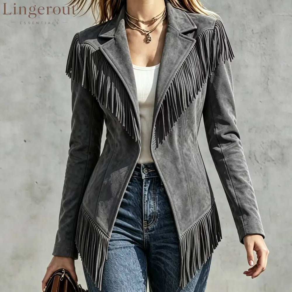 Faux Suede Fringe Jacket - Gray / S