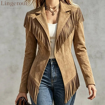 Faux Suede Fringe Jacket - Khaki / S